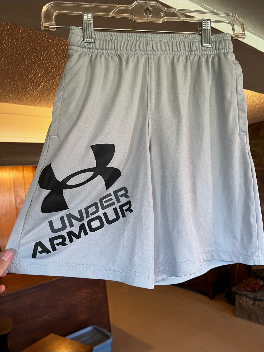 Under Armour Light Gray Men’s Athletic Shorts with Black Logo
